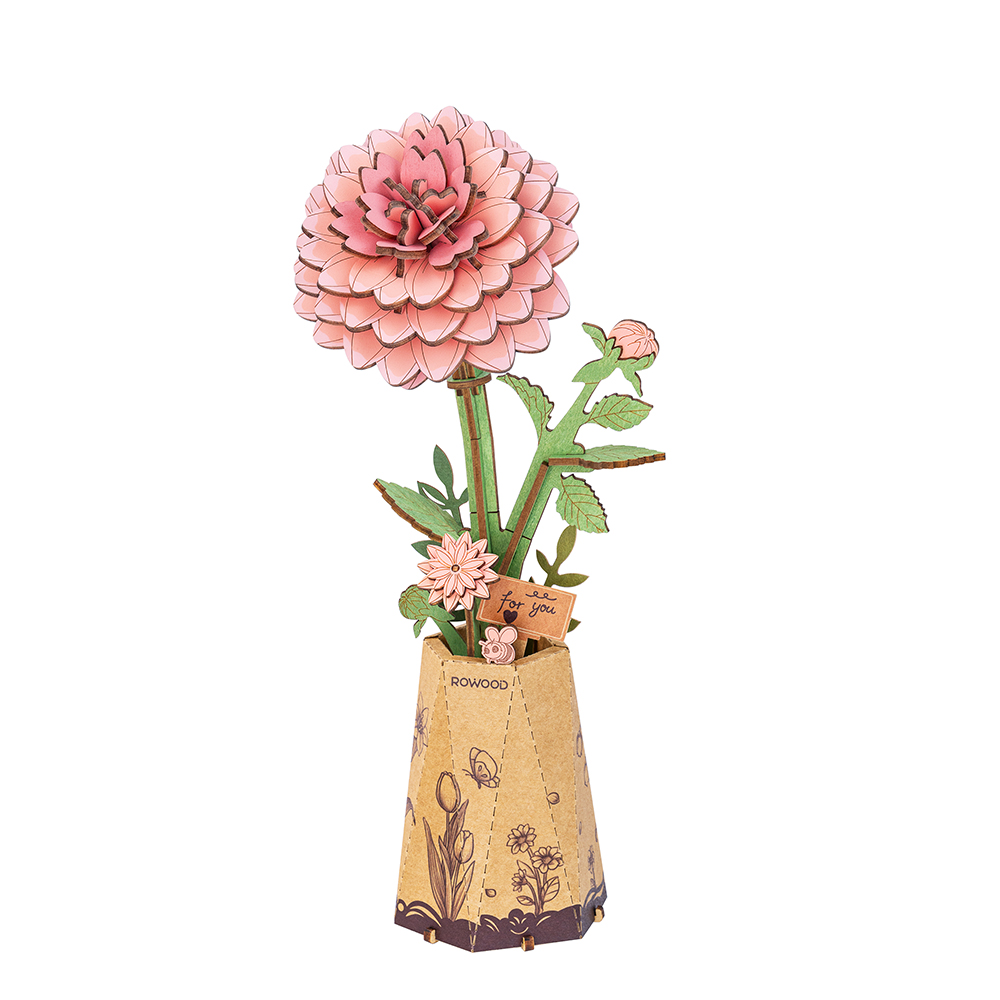TW131-main Rowood Pink Dahlia DIY Wooden Flower 3D Puzzle TW131